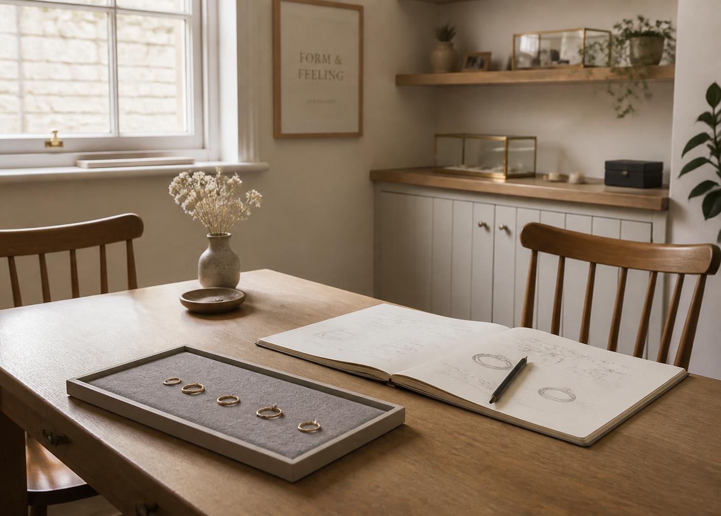The consultation table in the Southsea studio, with a ring tray and a sketchbook