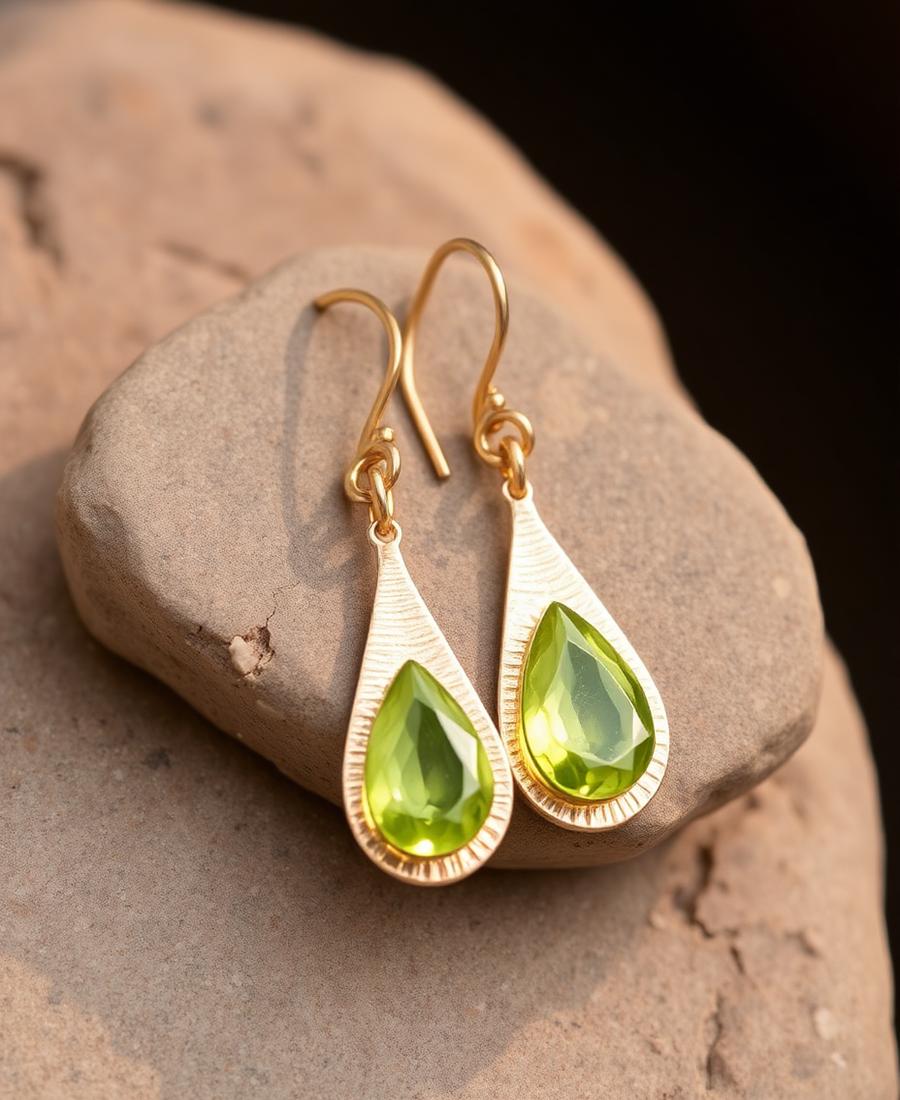 Textured gold drop earrings set with peridot
