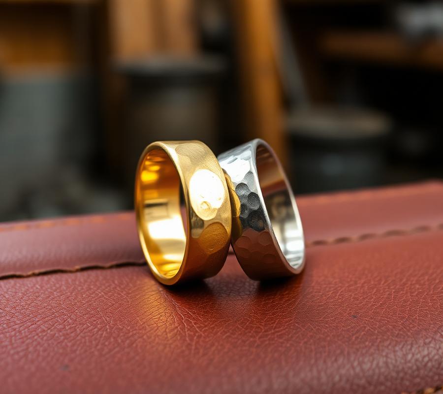 Two commissioned wedding bands on the workshop bench mat